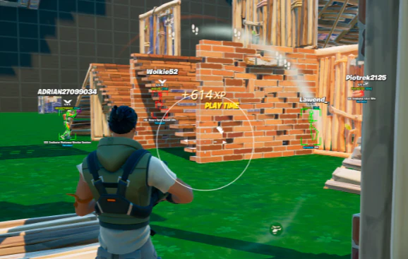 Fortnite PC aimbot in combat with FOV circle and green skeleton ESP on an enemy