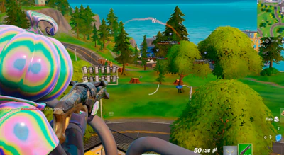 Fortnite chams and skeleton ESP hack overlay on a wooden pier