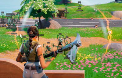 Fortnite combat ESP and aimbot overlay during an open-field fight on PC