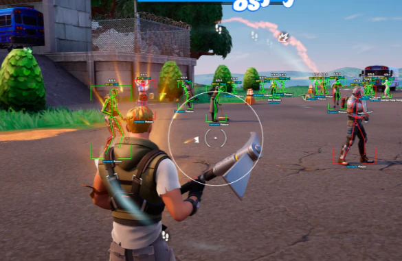 Fortnite PC ESP wallhack overlay with player boxes, distance tags, and aimbot FOV circle